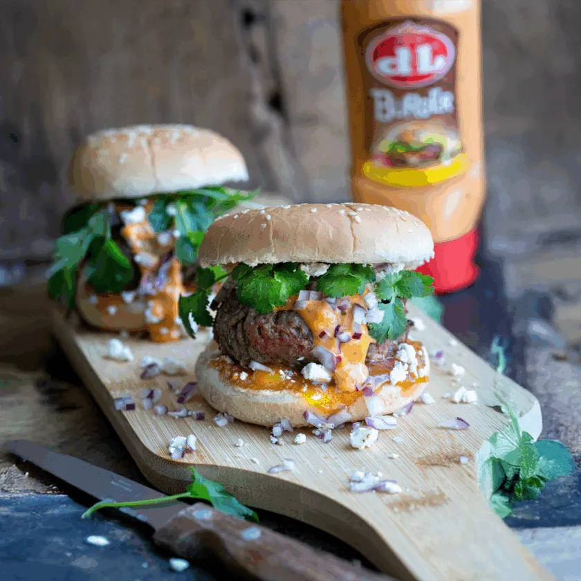 Hamburger met mango en feta