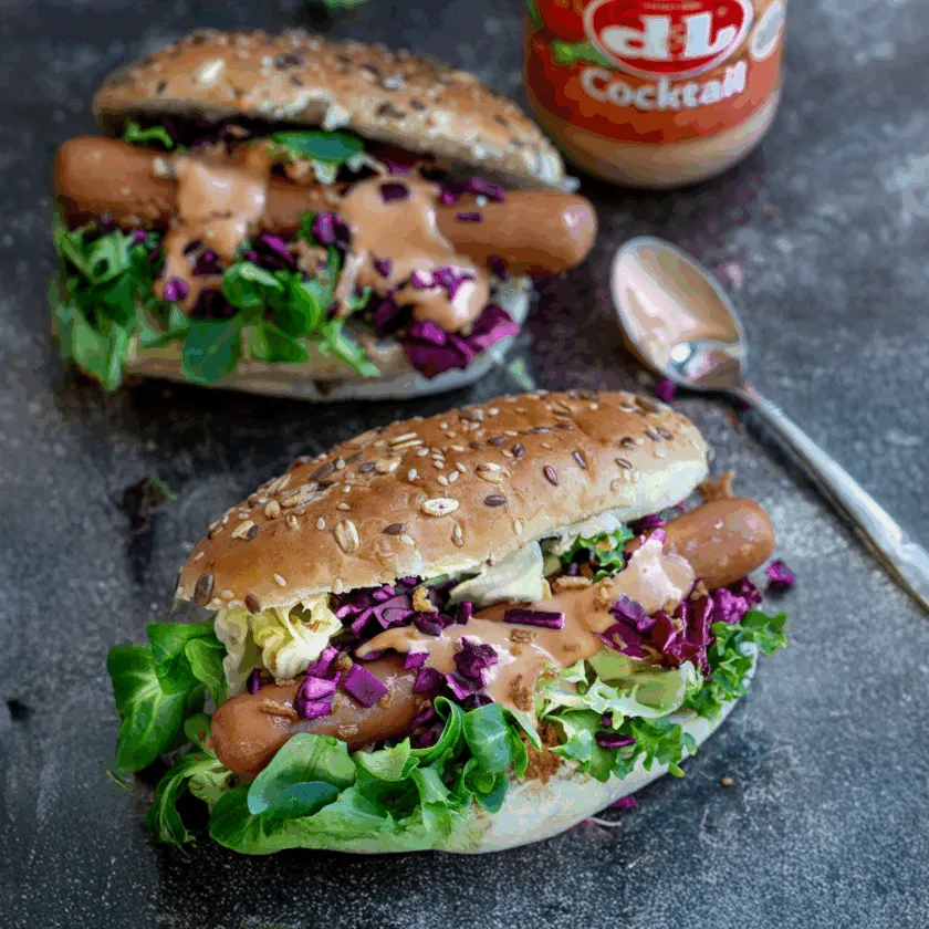 Hotdog met rode kool en cocktailsaus