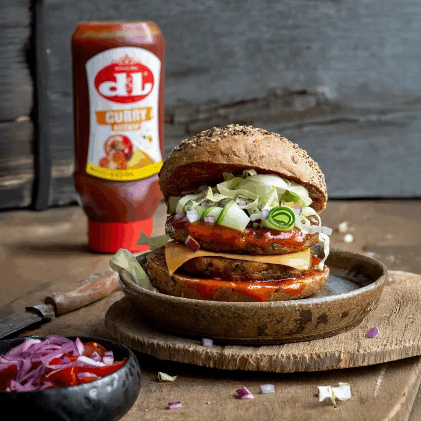 Vegetarische hamburger met curry ketchup