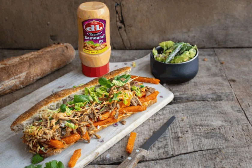 Broodje shoarma met zoete aardappel frietjes en samouraïsaus